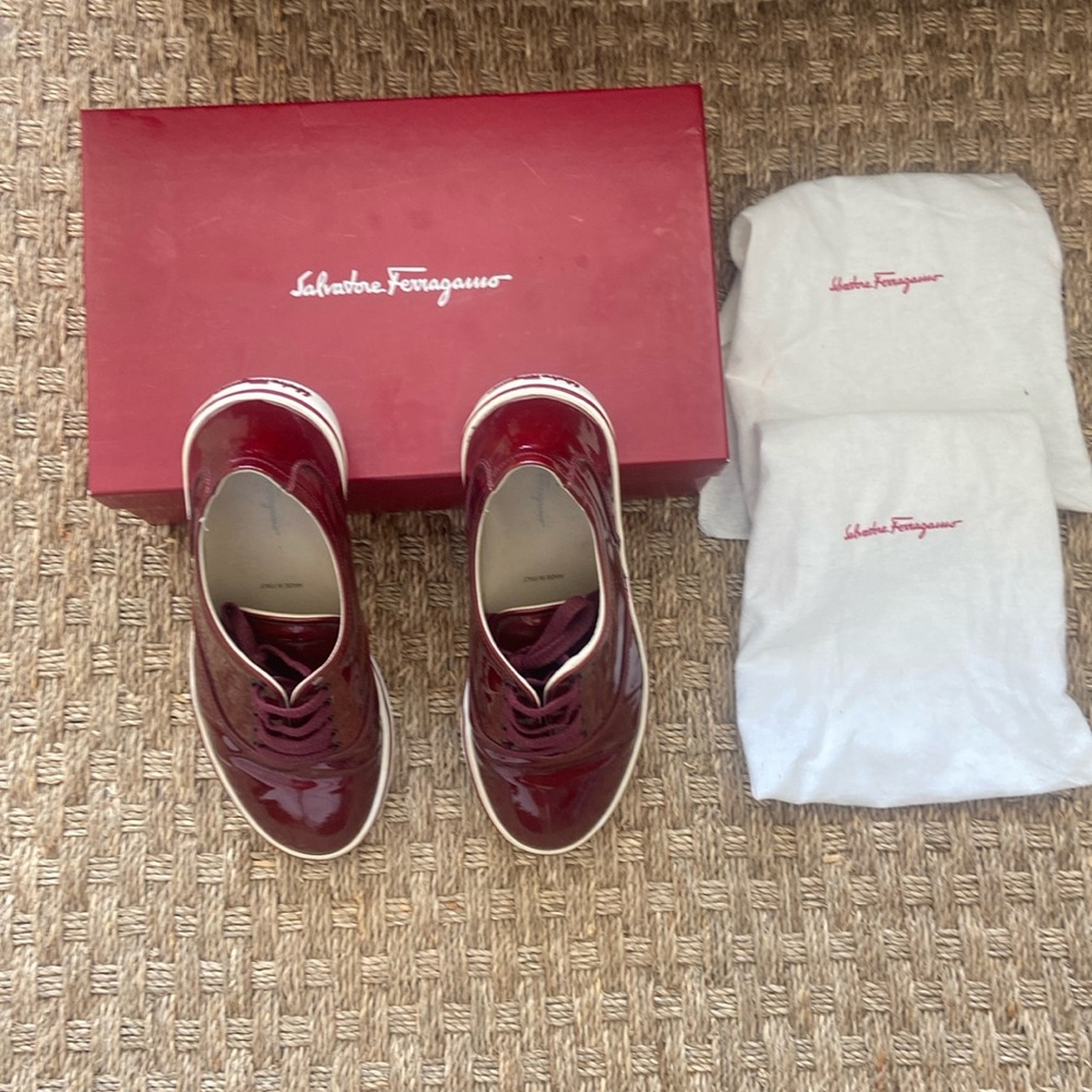 Maroon patent leather Ferragamo sneakers with dust bag / box!